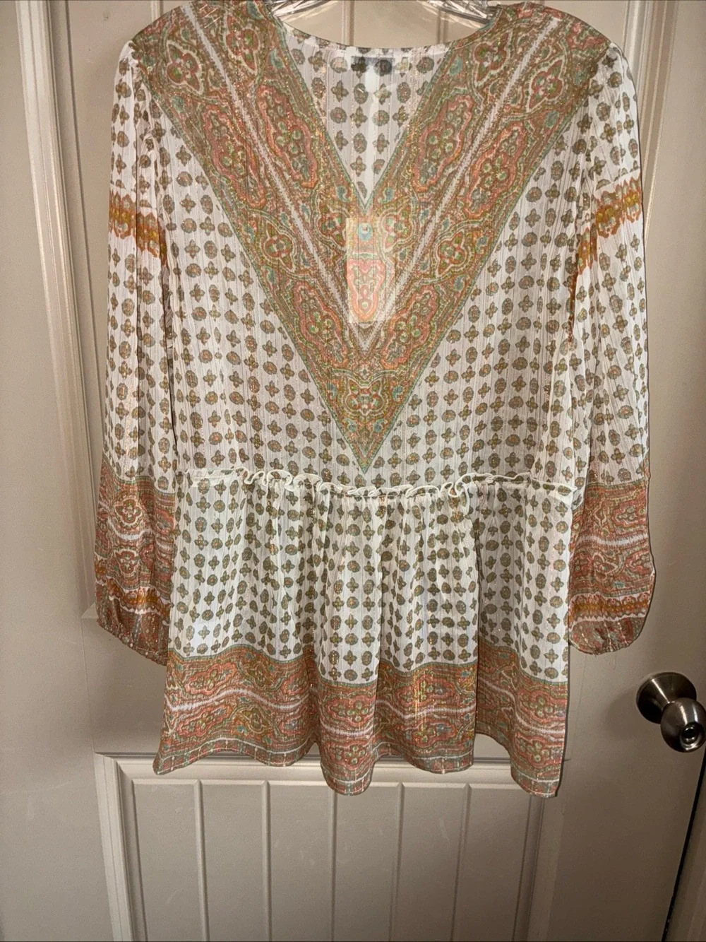 Rose & Olive Paisley V-Neck Blouse in Cream, Olive & Terracotta - Picture 5 of 9
